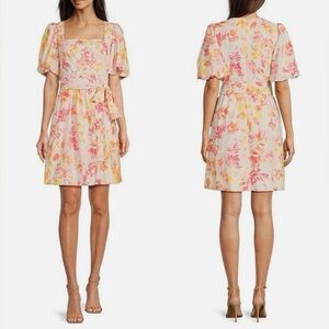 Eliza J Floral Eyelet Square Neckline Puff Sleeve Mini Dress, NWT, Size 10
